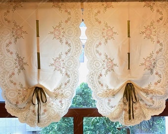 Cortina bordada con estampado floral y lazos, cortina estilo globo de granja para ventanas pequeñas.