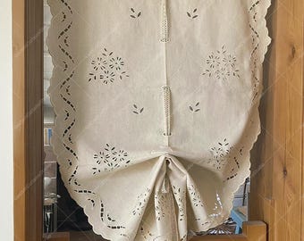 Vintage Cutwork Linen Window Shade, Shabby Chic Floral Hollow Tie Up Curtain