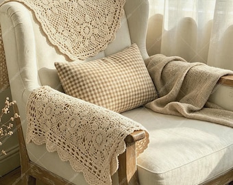 Vintage Crochet Lace Sofa Doily, Hollow Floral Armrest & Backrest Cover