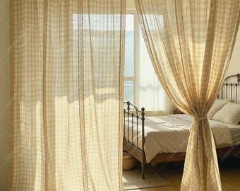 Check Patchwork Sheer Curtain: Farmhouse Crochet Light Filtering Window Panel