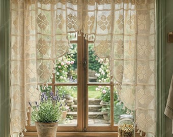 Beige Crochet Kitchen Curtain Valance: Farmhouw Window Topper
