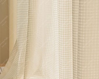 Linen Texture Sheer Curtain: Farmhouse Plaid Rod Pocket Drapes