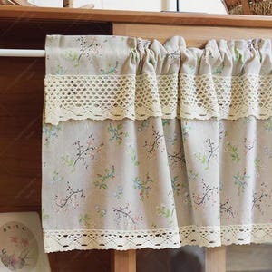 Floral Short Curtains with Crochet Trim,Rod Pocket Cabinet Curtains, Privacy Window Tiers for Kitchen