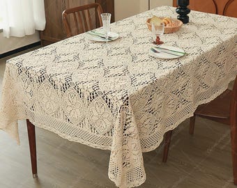 Vintage Crochet Tablecloth, Rectangel Table Cover ,Bohemian Table Cloth Kitchen Dinning