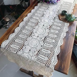 Handmade Crochet Cotton Lace Table Runner: Vintage Scalloped Edge Dresser Scarf