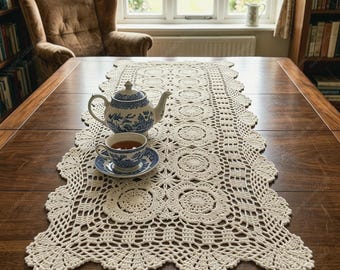 Vintage Crochet Table Runner, Rustic Lace Table Topper, Farmhouse Decor