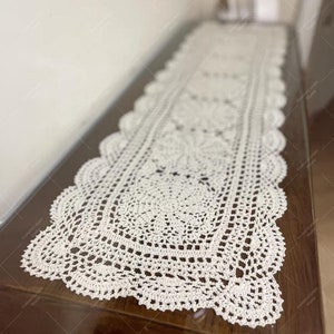 Rustic Crochet Lace Table Runner, Custom Cotton Table Runner with Hollow Design, Vintage Table Runner with Scalloped Edge Decor