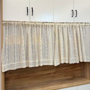 Beige Crochet Short Curtain, Boho Handcrafted Cabinet Curtains, Shabby Chic Crocheted Half Curtain, Rod Pocket Hollow-Out Floral Curtain