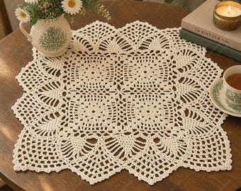 Crochet Table Doilies, Vintage Square Knitted Hollow Sofa Slipcover, Handmade Macrame Table Cover