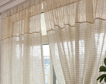 Check Patchwork Sheer Curtain,Farmhouse Light Filtering Crochet Drapes For Bedroom ,Rod Pocket
