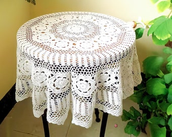 39 Inch Crochet Tablecloth, Farmhouse Style Round Knitted Hollow Lace Table Cover