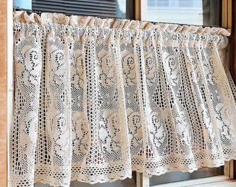 Beige Crochet Kitchen Valance: Vintage Rose Semi-Sheer Curtain