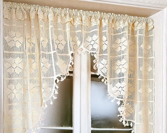 Window Topper Curtains,Beige Crochet Short Kitchen Curtains,Semi Sheer Bathroom Curtains Tiers for Small Window