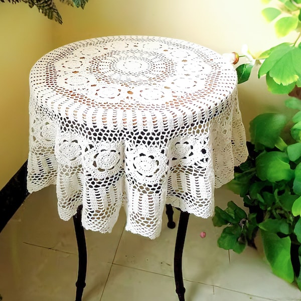 Beige Crochet Tablecloth, Farmhouse Style Round Knitted Hollow Lace Table Cover