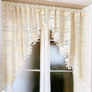 Window Topper Curtains,Beige Crochet Short Kitchen Curtains,Semi Sheer Bathroom Curtains Tiers for Small Window