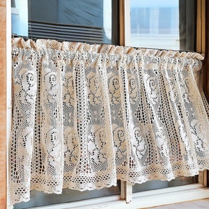 Beige Crochet Short Valance, Vintage Rose Pattern Semi-Sheer Curtain for Small Windows,Farmhouse Light Filtering Kitchen Curtain