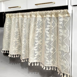 Farmhouse Crochet Short Curtain,Beige Knitted Cotton Curtains For Cabinet,Cafe Curtains