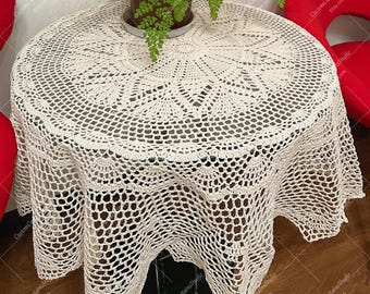 Vintage Handmade Crochet Cotton Tablecloth, Round Lace Table Cover