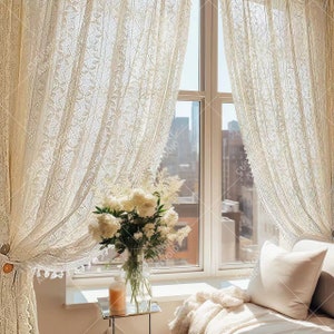 Boho Crochet Window Curtain: Beige Clover Pattern Sheer Drapes with Tassels