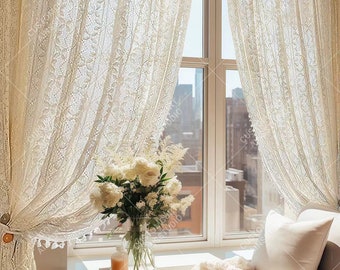 Boho-Chic-Häkel-Fenstervorhang, beige Kleeblatt-Muster, strickende transparente Vorhänge für Schlafzimmer, ausgehöhlte Fenstervorhänge im Vintage-Stil mit Quasten