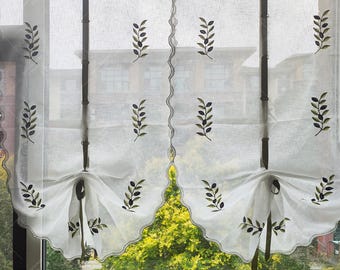 Olive Embroidered Tie Up Curtain,Farmhouse Balloon Curtain for Small Window