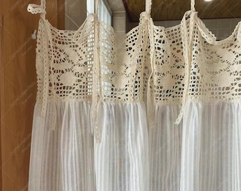 Handmade Sheer Curtain, Vintage Crochet Café Curtain, Rustic Window Valance for Kitchen, Bathroom