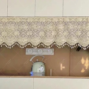 Boho Crochet Short Curtain with Tassels and Floral Patterns, Light-Filtering Half Curtain,  Chic Hollow for Curtain Kitchen, Cabinet