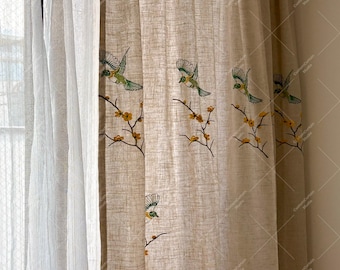 Floral and Bird Embroidered Curtains, Farmhouse Semi-Blackout Linen Living Room Curtains, Elegant Privacy Dropes