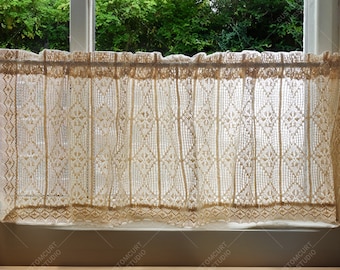 Crochet Kitchen Short Curtain, Vintage Style Half-Sheer Curtain for Small Windows