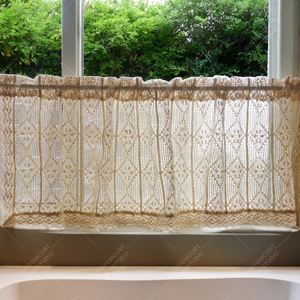 Beige Crochet Kitchen Short Curtain, Vintage Style Half-Sheer Curtain for Small Windows