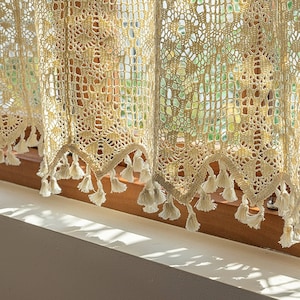 Beige Crochet Short Curtain For Kitchen, Boho Florals Cafe Curtain with Tassel, Farmhouse Cabinet Curtain