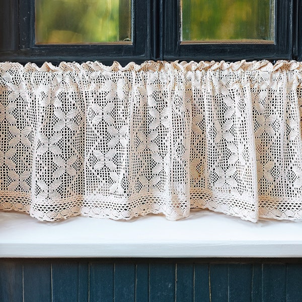 Short Valance Curtain For Kitchen , Vintage Beige Crochet Semi Sheer Curtain for Small Windows