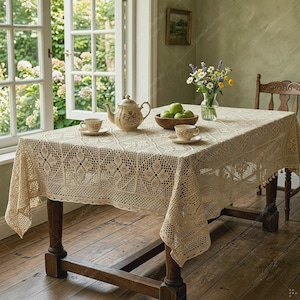 May include: A rectangular beige crochet tablecloth with an intricate geometric and floral pattern draped over a wooden table. On the table sits a ceramic teapot, two matching teacups, a wooden bowl filled with green apples, and a glass vase.