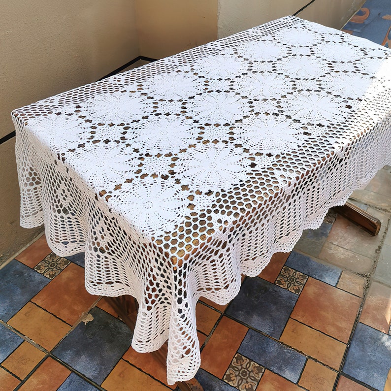 Rectangular Crochet Tablecloth Pattern Handmade Rectangular Crochet Tablecloth, Farmhouse Style Circular ...
