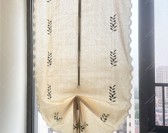 Olive Embroidered Tie Up Curtain, Farmhouse Balloon Curtain for Small Window