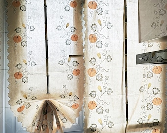 Pumpkin Embroidered Tie Up Valance: Farmhouse Kitchen Curtain