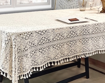 Beige Crochet Tablecloth ,Rectangle Hollow Lace Table Cover With Tassels