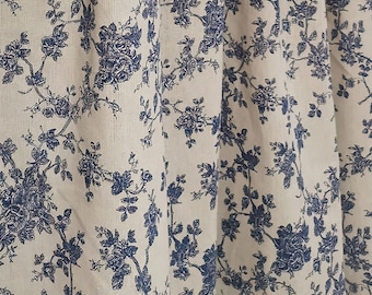Blue Florals Curtain, Farmhouse Light Filtering Window Drapes For living Room, Linen Textured Privacy Curtain