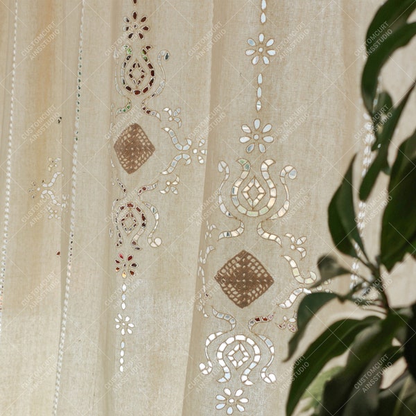 Beige Embroidered Curtain, Vintage-style Crochet Patchwork Window Drapes For living room