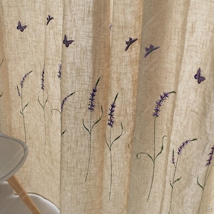 Linen Semi Blackout Curtain,Rustic Embroidered Butterfly Drapes,Farmhouse Purple Lavender Widnow Panels for Living Room