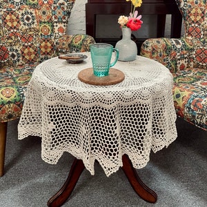 Handcrafted Crochet Tablecloth: Round Floral Lace Table Cloth, Vintage Home Decor
