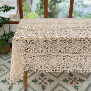 Beige Crochet Tablecloth ,Shabby Chic Rectangle Hollow Lace Table Cover With Tassels