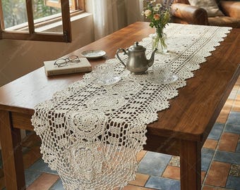 Vintage Crochet Lace Table Runner, Rustic Hollow Knitted Table Scaf