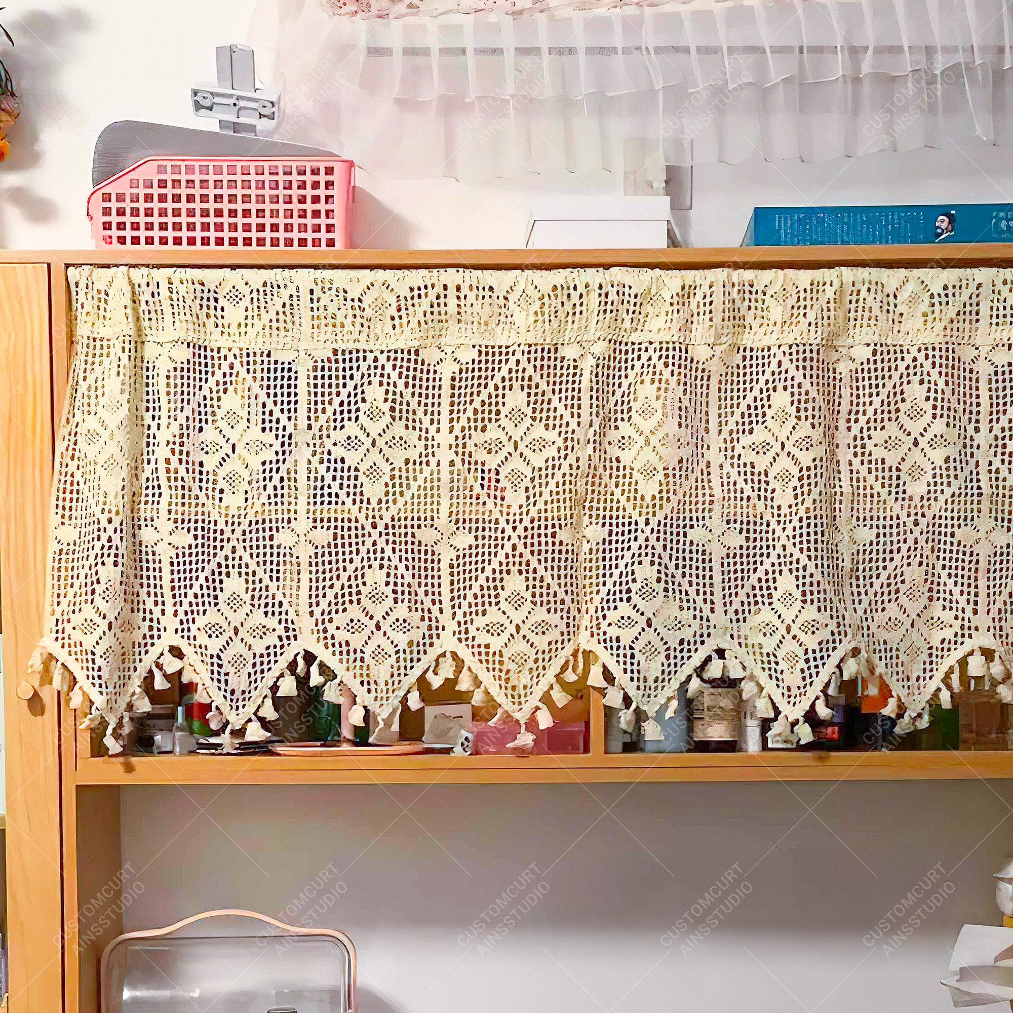 Beige Crochet Valance: Floral Rod Pocket Cafe Curtain with Tassels