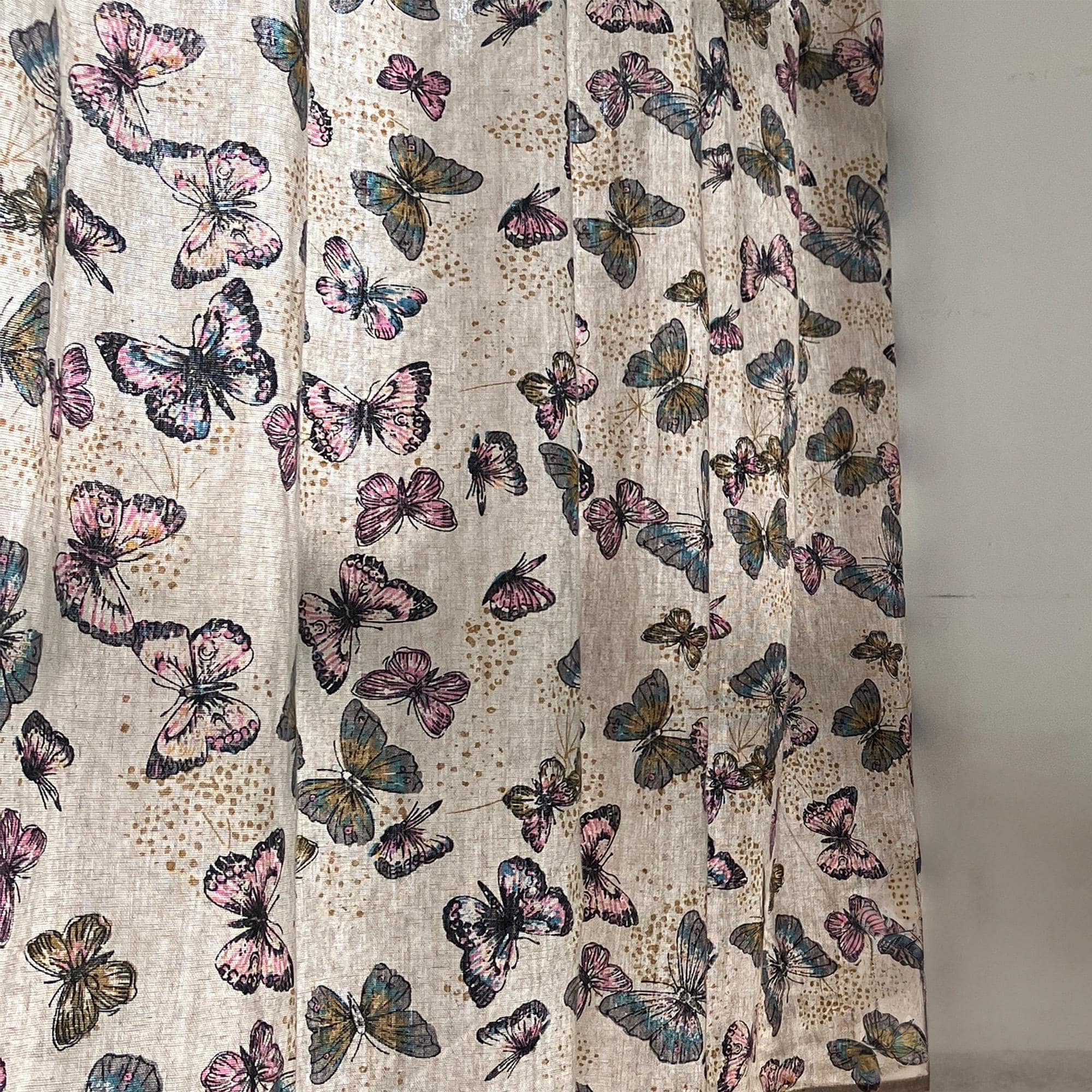 Butterfly Printed Curtain,Printed Hooks Cotton Curtains for Living Room Bedroom, Light Filtering Linen Style Curtain