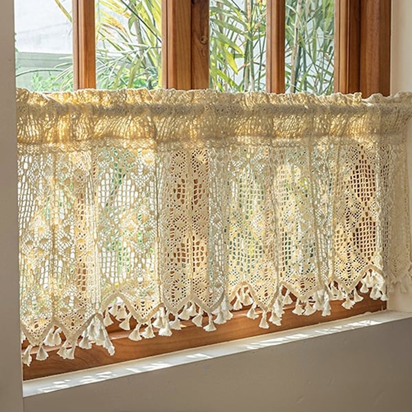 Beige Crochet Short Curtain For Kitchen ,Florals Cafe Curtain with Tassel,Cabinet Curtain