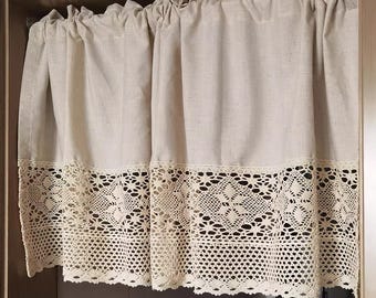 Farmhouse Kitchen Curtain: Vintage Cotton Linen Lace Trim