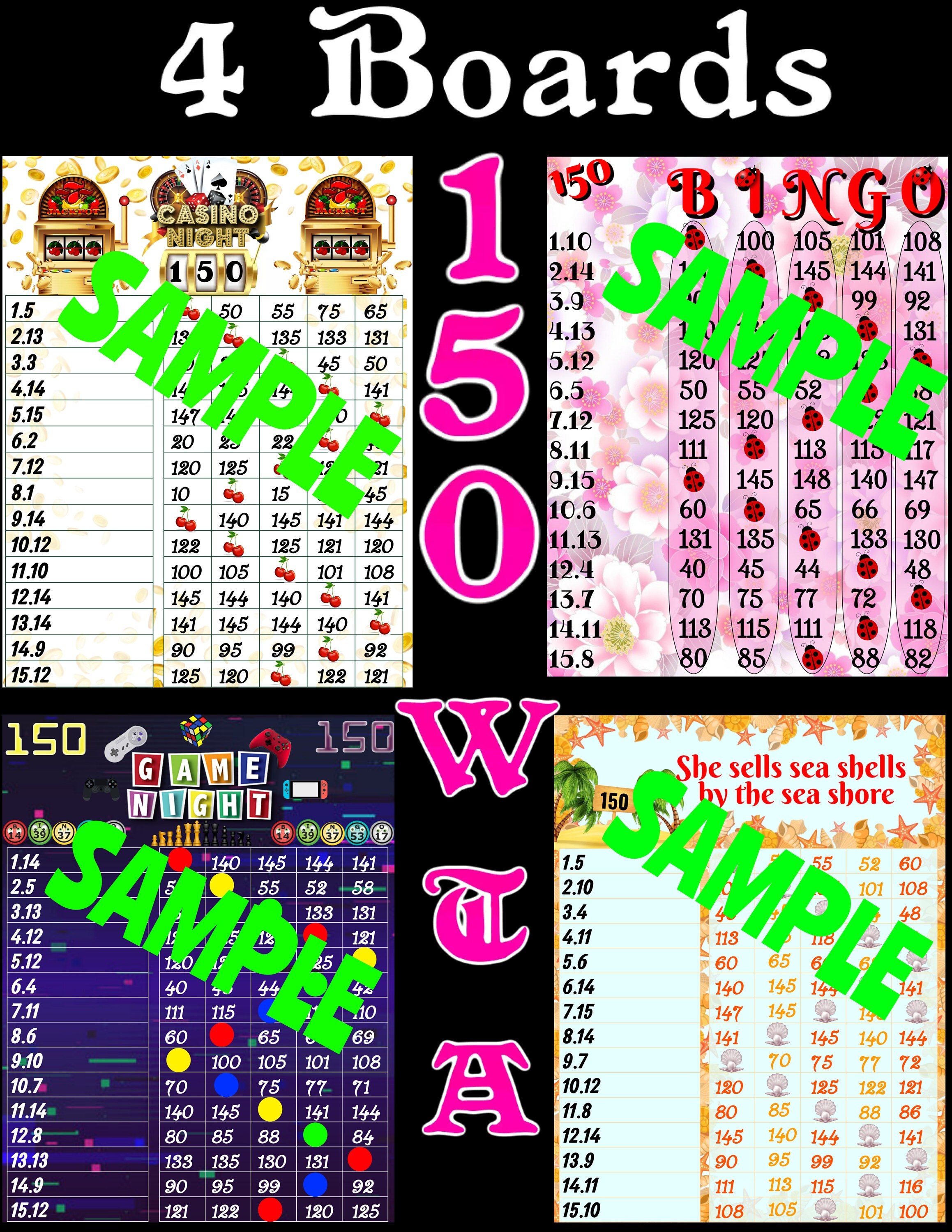 4 Pack Bundle 150 WTA Bingo Boards Pick Your Pay Bingo Lines 115