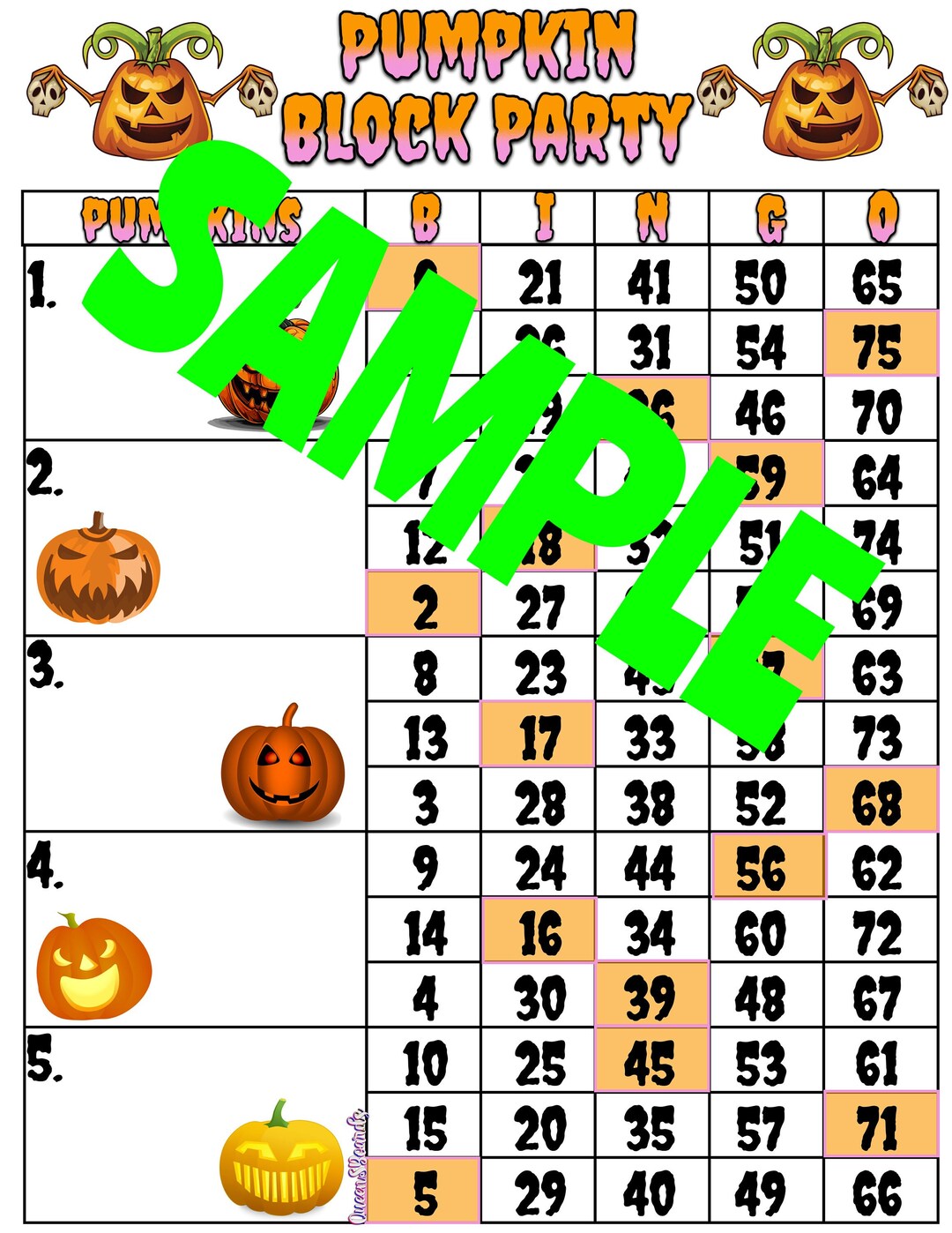 5 Block Bingo Block Party Bingo Numbers 175 Halloween Etsy