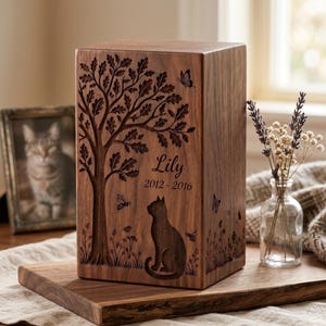 May include: A rectangular wooden urn featuring a laser-engraved design of a large oak tree, a sitting cat, bees, and butterflies. The name Lily and the dates 2012-2016 are engraved on the front surface. The wood has a natural brown grain.
